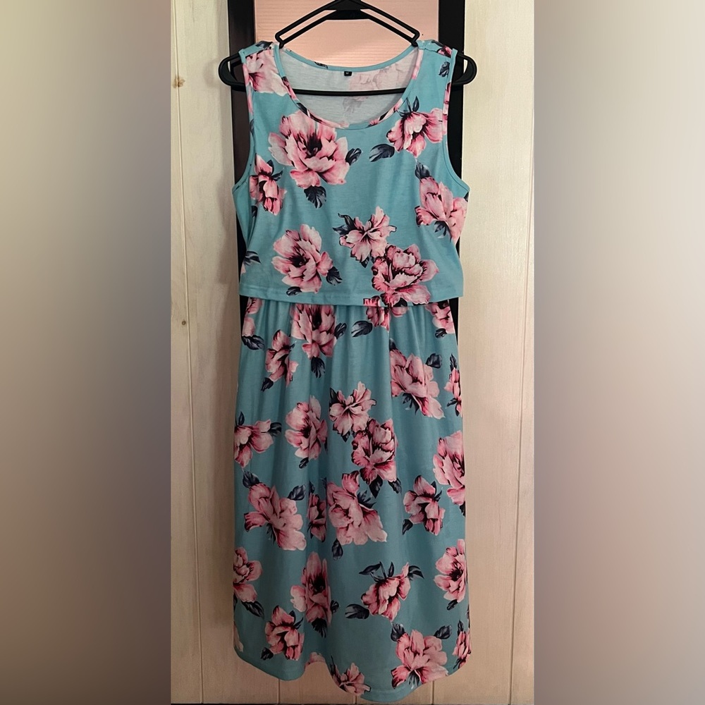 Pink Floral Light Blue Nursing Dress